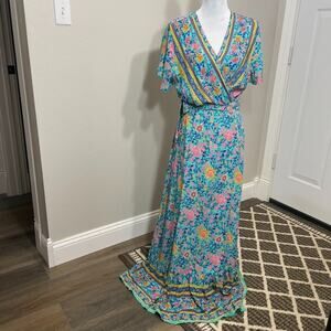 Effortless Wrap Adjustable Maxi Dress XL Floral Spring Flutter Sleeve Ruffle Hem